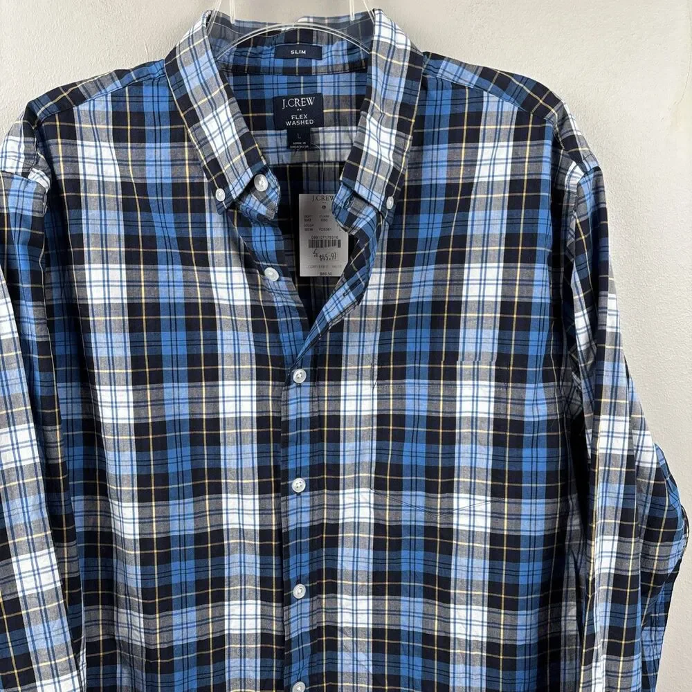 NWT J Crew Men's Large Blue Plaid Long Sleeve Button Shirt Slim B1050 Color BSW